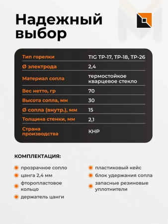 Набор GLASSY №3 15,0 мм FOXWELD (TIG 17/18/26) д. 2,4 мм вольфрам